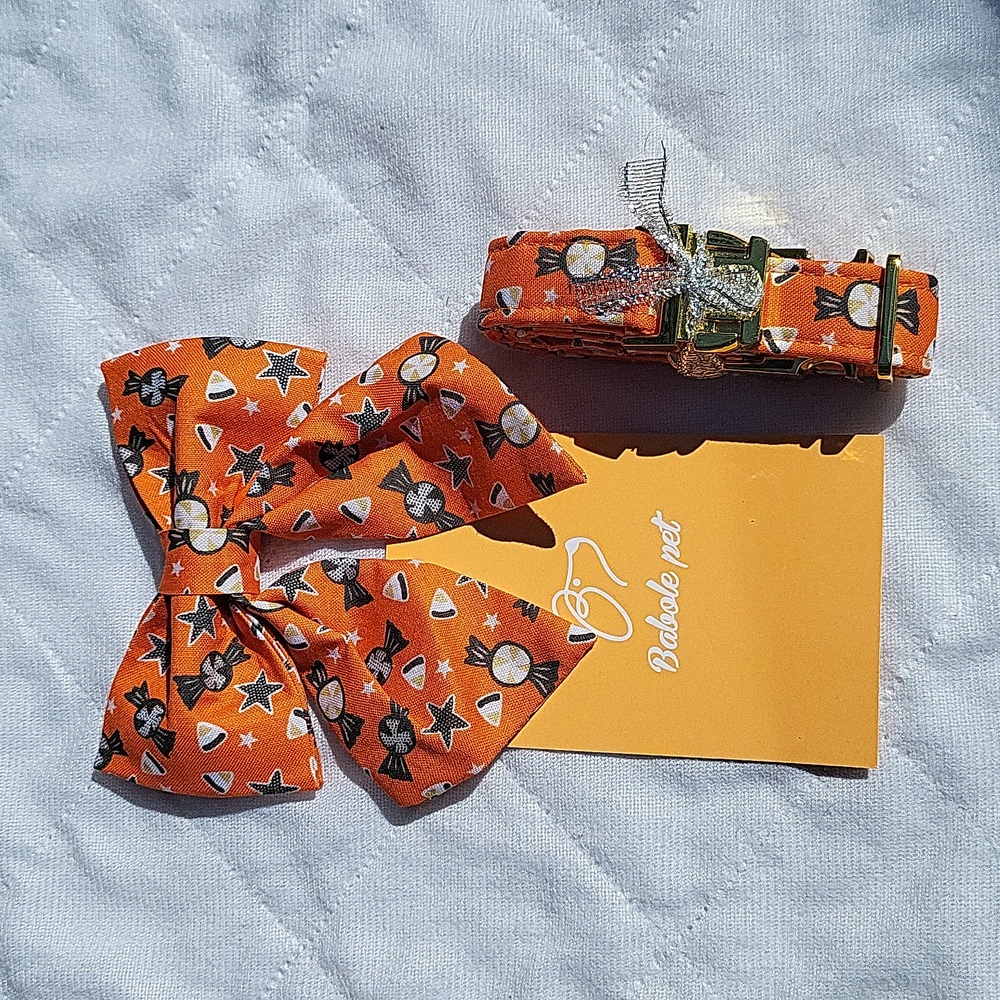 Dog collar & bow tie, Halloween, orange & black, candy, candy corn